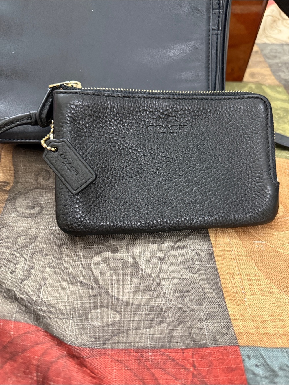 COACH Black Pebbled Leather Zip Wristlet with Tag
